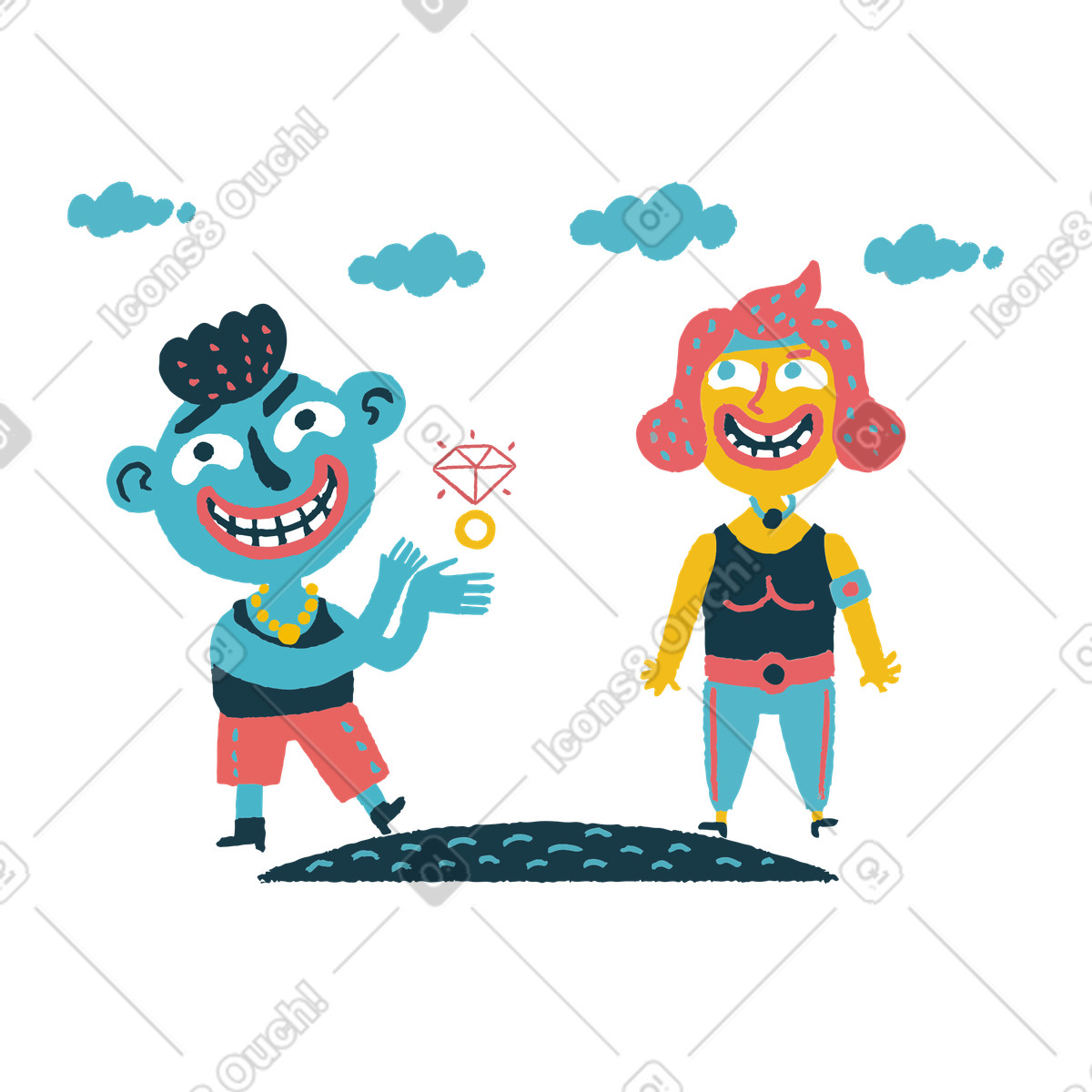 Illustration Happy couple with engagement ring, Romantic relationship and marriage proposal dans le style Flamenco à télécharger aux formats PNG, SVG