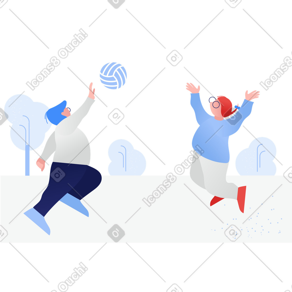 Sporty kids playing volleyball outdoors illustration in Clip style download in PNG, SVG