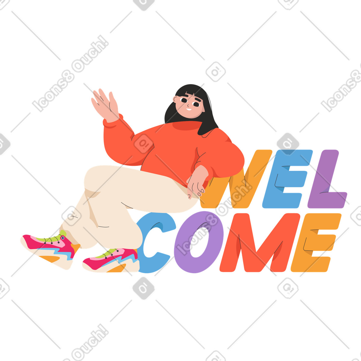 Woman waving and sitting on the welcome sign illustration in Dizzy style download in PNG, SVG