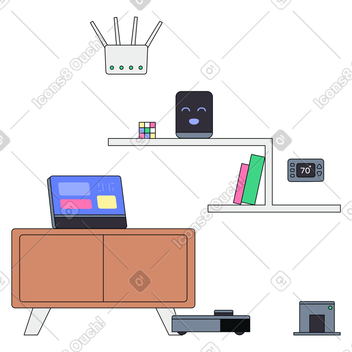 Vernetztes smart home: sprachassistent, display, ki-gestützte hausautomationsgeräte-Illustration im Teko-Stil als Download in PNG, SVG
