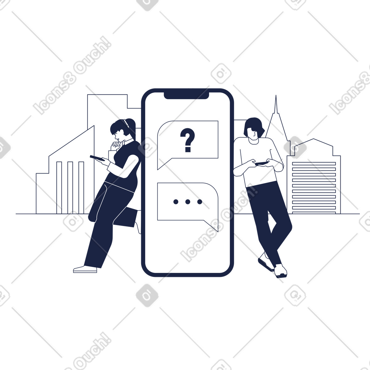 Girl and guy in online chat on the background of city illustration Urban Line style download PNG, SVG