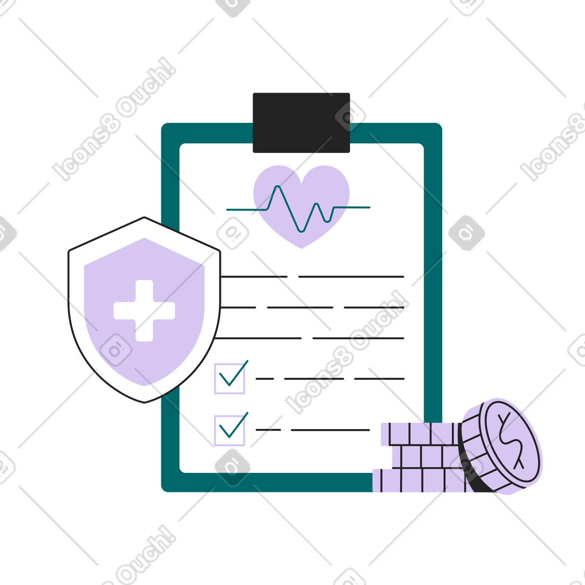 Medical insurance clipboard with coins animated illustration in Sammy Line style download in GIF, Lottie (JSON), AE