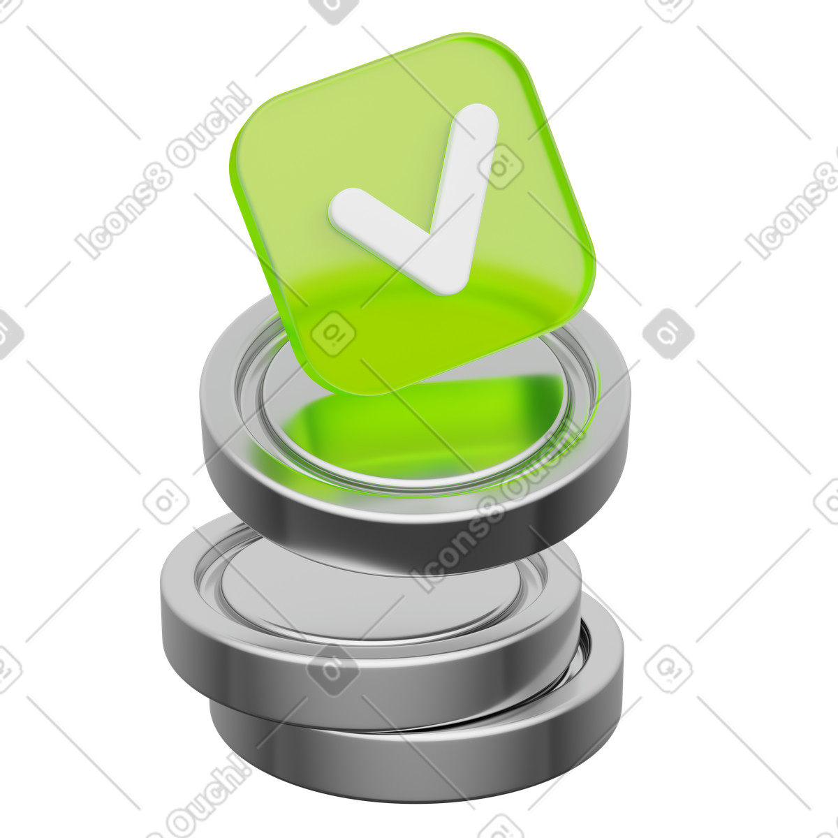 Payment success icon, Green checkmark on stacked coins, Verified transaction illustration in 3D Playful style download in PNG, SVG