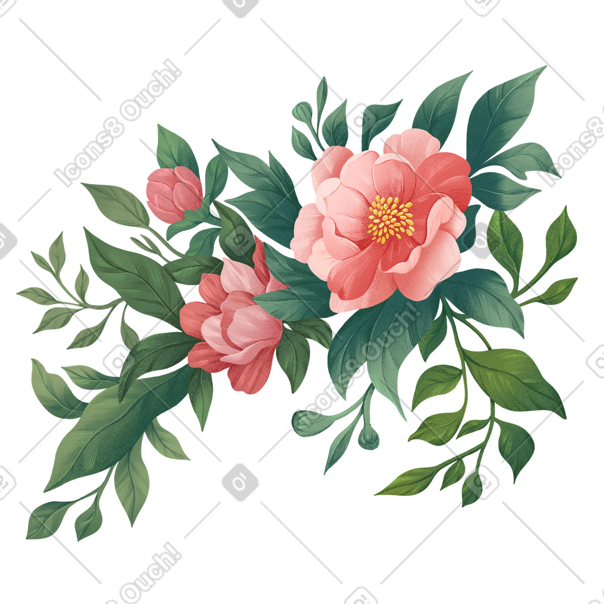 Fiori rosa del cinorrodo tra le foglie verdi illustrazione in stile Floral scarica in PNG, SVG
