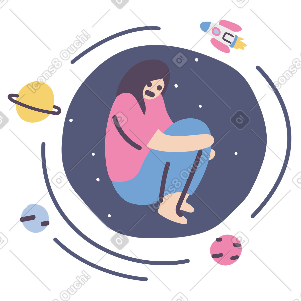 Sad woman feels alone in space illustration in Pluto style download in PNG, SVG