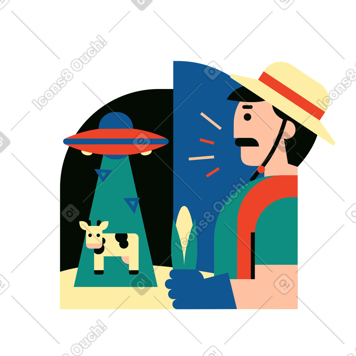 Ufo rapisce la mucca di un contadino illustrazione animata in stile Polar scaricabile in GIF, Lottie (JSON), AE