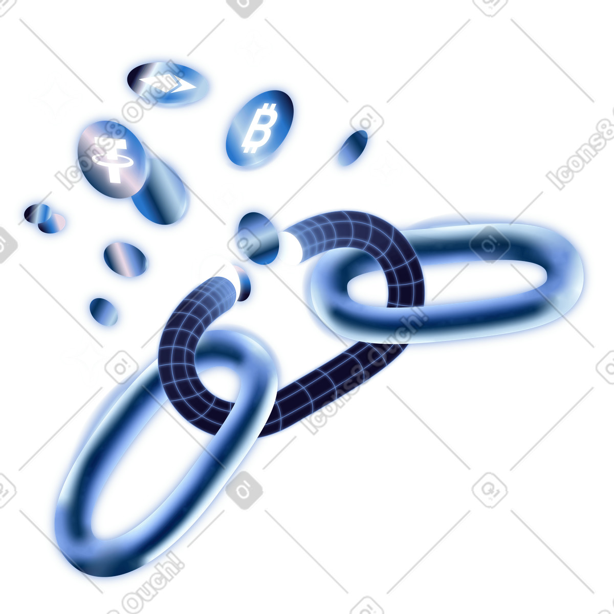 Illustration Blockchain chain links with floating crypto coins dans le style Dimension à télécharger aux formats PNG, SVG