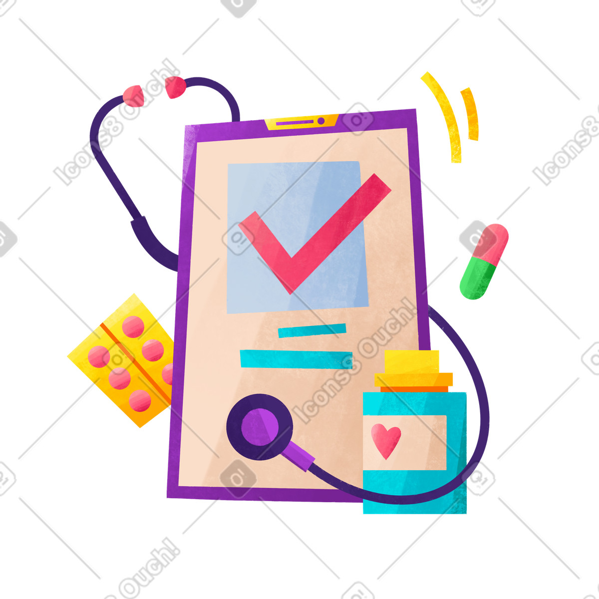 Ilustração de Phone with online medicine service, pills and stethoscope em no estilo Bonbon para baixar em PNG, SVG