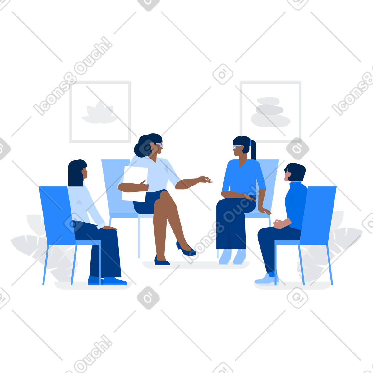 Female psychologist illustration conducting therapy session with clients clipart PNG, SVG, GIF