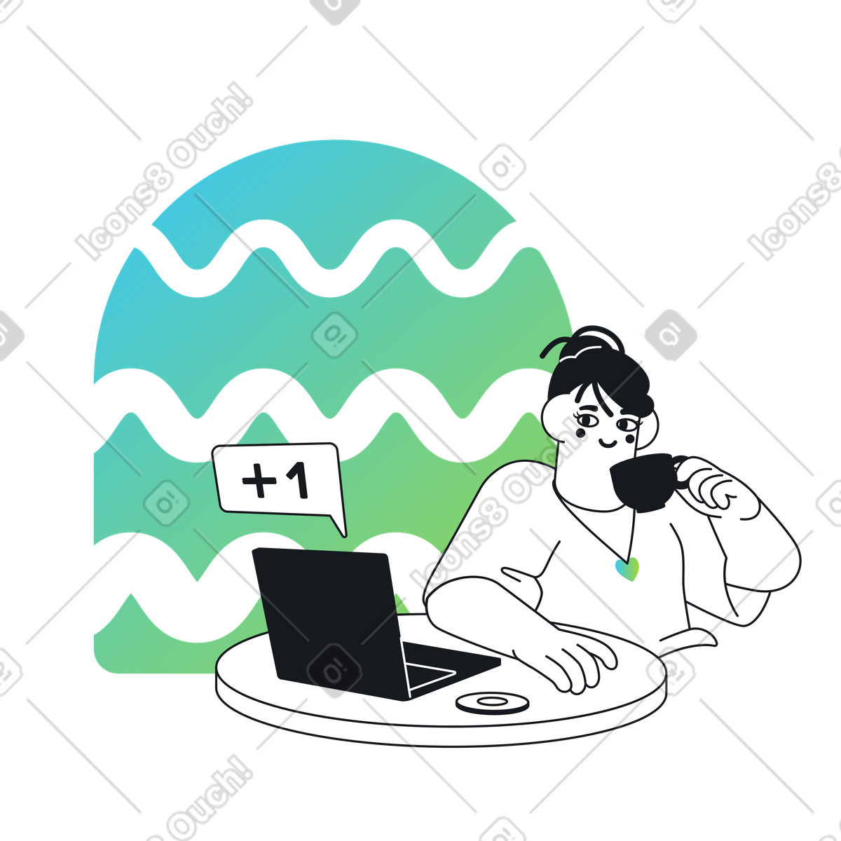 Woman working remotely on her laptop illustration in Breeze style download in PNG, SVG