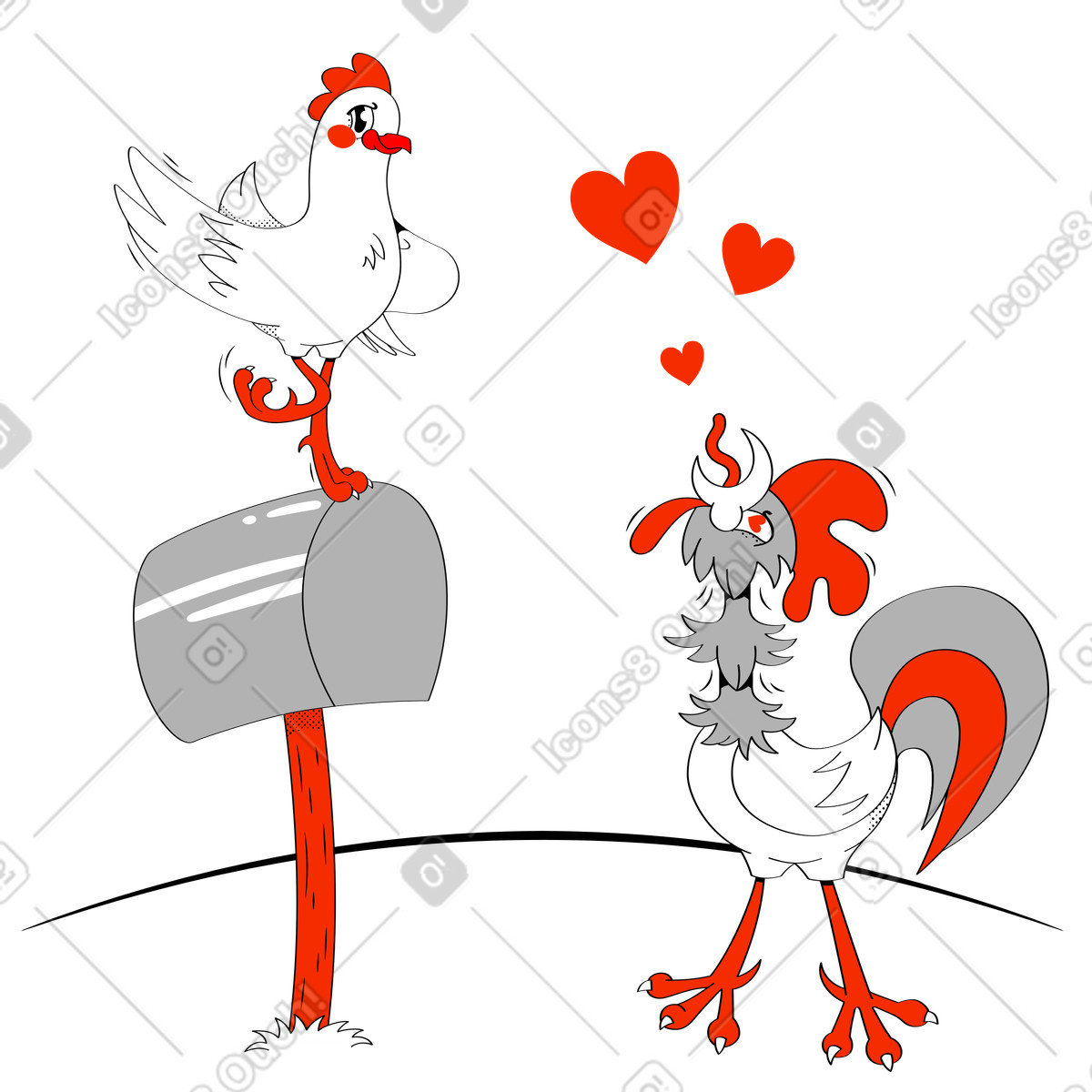 Hahn singt einer henne, die auf einem briefkasten steht, ein ständchen-Illustration im Looney-Stil als Download in PNG, SVG