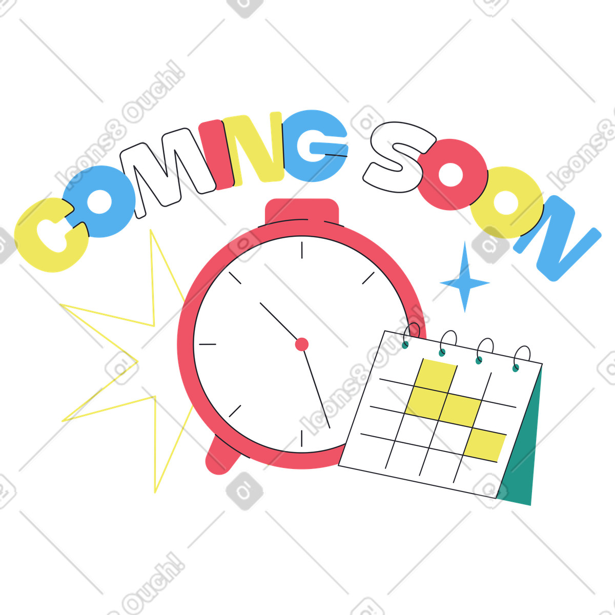 Иллюстрация Coming soon lettering with clock and calendar, Event announcement or product launch teaser в стиле Boba — скачать в форматах PNG, SVG