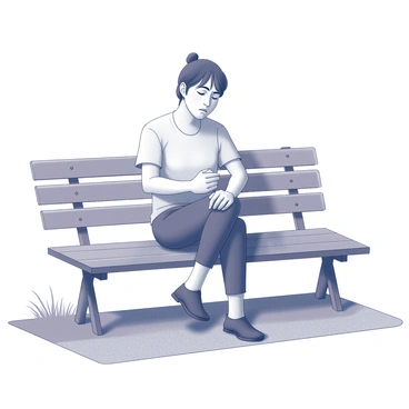 A person sitting on a wooden bench with their legs crossed. The individual has a pained expression on their face, tightly closing their eyes and furrowing their brow. They are rubbing their knee with one hand while the other rests on the bench. The surrounding environment includes a path beside the bench and some grass nearby. The person's attire consists of casual clothing, with visible details such as a shirt and pants.