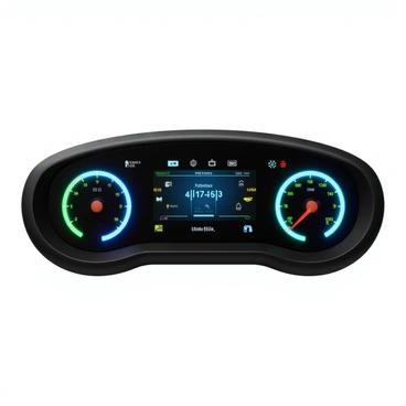 A high-tech car dashboard featuring a sleek design with a digital interface. The display shows vibrant graphics representing various engine performance metrics such as speed, RPM, fuel efficiency, and temperature. The dashboard is illuminated with blue and green lights, highlighting different areas of the screen. There are circular gauges and bars that provide real-time data, along with a central touchscreen displaying navigation information. The background of the dashboard has a modern texture, giving it a sophisticated look.