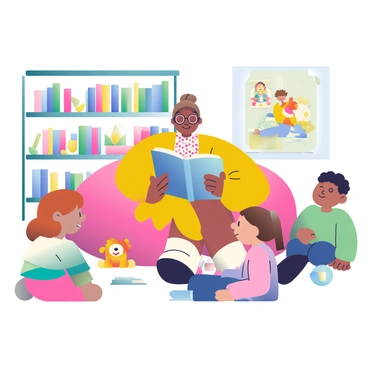 A librarian with light brown hair styled in a bun is sitting on a plush, oversized bean bag in a colorful library. She is wearing round glasses and a bright yellow cardigan over a patterned dress. Surrounding her, several children with diverse appearances are seated on the floor, captivated by her storytelling. The library shelves in the background are filled with books of various sizes and colors, and there are cheerful posters featuring cartoon characters on the walls. A large, open storybook is in her hands, and a few stuffed animals are scattered nearby. The atmosphere is lively, filled with the children's expressions of excitement and curiosity.