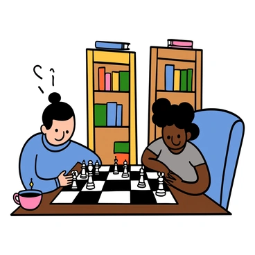 A steaming cup of dark coffee placed on a wooden table. Next to the cup, an intense chess game is taking place between two players. One player has light skin and short black hair, looking focused, wearing a blue sweater. The other player has dark skin and curly hair, displaying concentration, dressed in a grey t-shirt. The background features tall bookshelves filled with colorful books, a cozy armchair, and warm lighting illuminating the scene. The chessboard is detailed, showing various pieces in mid-game position, indicating a strategic battle.