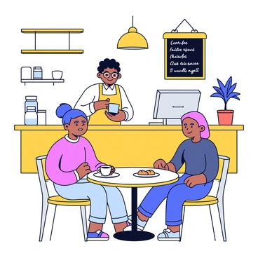 A cozy café with warm lighting and wooden accents. A barista with an apron is behind the counter, pouring coffee into a cup. In the foreground, two friends are sitting at a small round table, one has short hair and is wearing glasses, and the other has long hair tied back. Both are smiling and engaged in conversation. There are small plates with pastries on the table, and a potted plant is placed nearby. A chalkboard menu with handwritten specials is visible on the wall behind the counter.