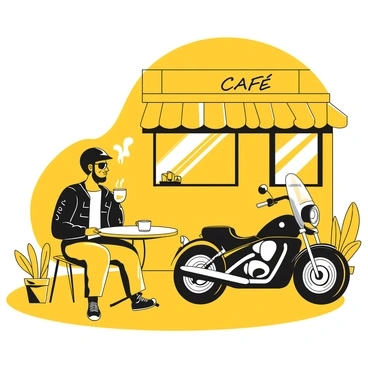 A man wearing a black leather jacket and helmet sits at a small round table outside a café. He is sipping coffee from a white mug with steam rising from it. The man's face is partially covered by sunglasses. Next to him, a sleek black motorcycle is parked, its chrome details glistening in the sunlight. The café has a few potted plants nearby, and there are empty chairs around the table, suggesting a quiet moment. A sign above the café displays the word "Café" in bold lettering.