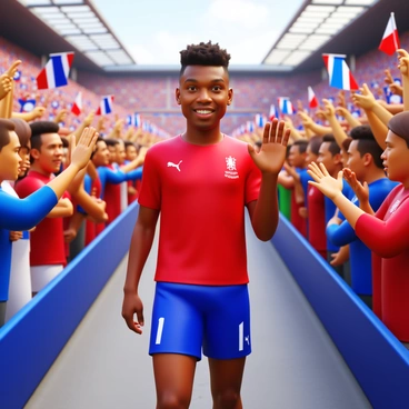 Kylian Mbappé wearing a red and blue football kit, waving to fans as he exits the stadium. The stadium is filled with cheering supporters in the background, holding banners and flags. Mbappé has a smile on his face, and his hair is slightly tousled from the match. The scene depicts a vibrant atmosphere, capturing the excitement and energy of the moment.