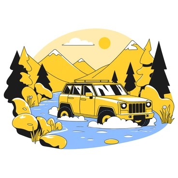 A crossover SUV is driving through a shallow river, with water splashing around its tires. The SUV has a sleek design with prominent headlights and a roof rack. In the background, there are rolling hills and lush greenery, creating a vibrant landscape. The sun is shining down, casting shadows on the water. The riverbanks are lined with rocks and wildflowers, enhancing the tranquil setting. The scene captures the adventure of the SUV navigating through the water in the picturesque valley.
