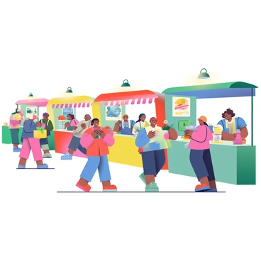 A vibrant wholesale fair is bustling with activity. Several booths are lined up, featuring colorful displays of products such as fruits, vegetables, textiles, and handmade crafts. Each booth is decorated with banners and signs showcasing the items for sale. Attendees of diverse backgrounds are walking around, smiling and engaging in conversations. Some are picking up items to examine them closely, while others are chatting with booth vendors. Bright lights hang overhead, illuminating the scene and enhancing the lively atmosphere.