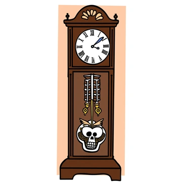 A grandfather clock with gears visible, designed to mimic a human skeleton