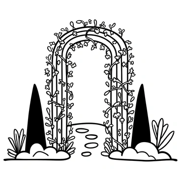 A detailed illustration of a "tall elegant trellis" situated in a "garden." The trellis is "completely entwined with ivy," showcasing intricate patterns of the ivy leaves wrapping around its structure. The garden features "neatly trimmed hedges" on either side of the trellis, with "various types of plants" in the foreground. A "path made of small stones" leads up to the trellis, enhancing the structured look of the scene. The overall composition highlights the contrast between the "structured trellis" and the "lush, sprawling ivy."