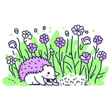 A curious hedgehog is exploring a garden. The hedgehog has a round body covered in spikes and is sniffing around the colorful flowers. Surrounding the hedgehog are numerous calendula blooms with distinct petals, filling the scene with an array of shapes and textures. The flowers are in various stages of blooming, some fully open while others are still closed. Green leaves provide a lush backdrop, framing the hedgehog and the vibrant flowers. The ground is soft and earthy, with patches of grass peeking through the flowers.