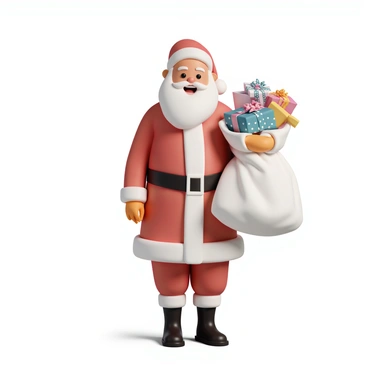 Santa Claus, dressed in a classic red suit with white fur trim, is standing with a joyful expression. He has a fluffy white beard and is wearing a red hat with a white pom-pom. In his right hand, he is holding a large sack that is overflowing with colorful wrapped presents in various sizes. The presents are adorned with shiny bows and ribbons, and some have festive patterns. The scene captures Santa's cheerful demeanor as he prepares to deliver gifts.
