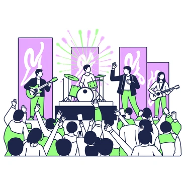 A band is performing on a stage at a concert. The musicians are playing various instruments, including a guitar, a keyboard, and drums. The lead singer, wearing a black leather jacket, is energetically engaging with the audience. Behind the band, there are large screens displaying colorful holographic effects that pulse in sync with the music. The excited crowd in front of the stage is cheering, with their hands raised in the air. Some audience members are holding phones, capturing the moment, while others are dancing in place. The stage lights cast dynamic shapes over the scene, enhancing the vibrant atmosphere of the concert.