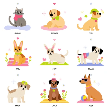 A series of pets dressed in seasonal attire representing each month of the year. In January, a fluffy gray cat is wearing a cozy red scarf, sitting on a snow-covered ground with small snowflakes around. In February, a playful golden retriever is adorned with a heart-shaped collar, surrounded by pink and red hearts for Valentine's Day. For March, a small beagle is wearing a green shamrock hat, with a background of clovers and rainbows for St. Patrick's Day. In April, a calico cat is dressed as a bunny, complete with cute ears, amidst colorful blooming flowers symbolizing spring. In May, a French bulldog wears a floral crown, playing in a garden filled with vibrant blossoms. In June, a tabby cat is in sunglasses and a sunhat, relaxing on a beach towel with a beach ball nearby. In July, a dachshund is dressed in a red, white, and blue outfit, surrounded by fireworks in the evening sky for Independence Day celebrations.