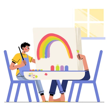 A child sitting at a small table, concentrating on painting a colorful watercolor rainbow on a large sheet of white paper. The child, wearing a blue apron, holds a paintbrush in one hand, while the other hand rests on the table, surrounded by various paint containers filled with vibrant colors. The rainbow arcs gracefully across the paper, showcasing red, orange, yellow, green, blue, and purple hues. A palette with mixed colors is placed nearby, and a few splatters of paint decorate the table. Bright sunlight streams in from a nearby window, illuminating the scene.