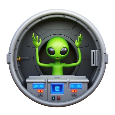 An alien action figure with multiple eyes and tentacles is posed inside a detailed spacecraft. The figure is green with textured skin and its eyes are large and expressive. The tentacles extend from its body, some coiled and others reaching out. The interior of the spacecraft features control panels with glowing buttons and screens displaying alien symbols. The walls of the spacecraft are metallic, with various compartments and tools visible.