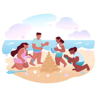 A diverse group of children is gathered on the sandy beach, each actively participating in building a sandcastle. There are three children digging with colorful plastic shovels and stacking wet sand into towers. One child is pouring water from a bright bucket onto the sand to help it hold together. Another child is decorating the sandcastle with seashells and small pebbles collected from the shore. The sky above is clear with soft, gradient pastel colors at sunset, illuminating the joyful scene. The beach stretches in the background, with gentle waves lapping at the shore.