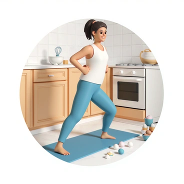 A person multitasking by doing fire hydrant exercises in a cozy kitchen while baking