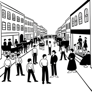 A busy street scene in early 19th-century Washington D.C., filled with people dressed in period clothing. Men in tailcoats and women in long dresses are engaged in conversation, some standing by horse-drawn carriages. A group of children is playing in the background, while a few market stalls display goods such as fresh produce and textiles. The architecture of the buildings is reflective of the era, with brick facades and large windows. In the distance, a small crowd has gathered, hinting at a discussion or debate related to "Marbury v. Madison". The atmosphere is vibrant and active, portraying a significant moment in the city's history.