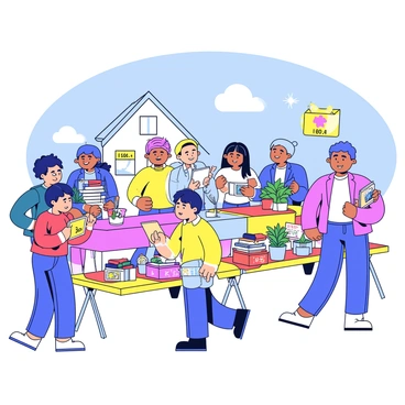 A sunny garage sale is taking place outside on a bright day. There are several tables set up, each covered with a colorful tablecloth. Various items are displayed on the tables, including a vintage lamp, a stack of books, a collection of toys, and a few potted plants. Shoppers are browsing through the items, some are holding up items to examine them closely. The scene is lively with a cheerful atmosphere, and there are a couple of handmade signs indicating prices. The background features a small house and a clear blue sky.