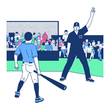 An umpire in a black and white uniform is standing behind home plate, raising his right arm to signal a strike. The umpire's face is focused and serious, reflecting the intensity of the moment. In the foreground, a player in a blue jersey stands in a batting stance, holding a bat tightly in his hands, his eyes fixed on the pitcher. In the background, a crowd of fans can be seen in colorful clothing, some standing and others sitting in excitement, all directing their attention towards the field. The atmosphere is charged with anticipation as the game unfolds.