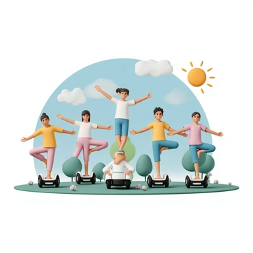 A group of five individuals, dressed in colorful yoga outfits, each on a mini segway. They are positioned in various yoga poses, such as tree pose and downward dog, while balancing on their segways. The setting is an outdoor area with green grass, surrounded by trees and flowers. The sun is shining brightly, and a few fluffy clouds are in the blue sky. Each person has a focused expression, and their arms are extended gracefully as they maintain their poses.