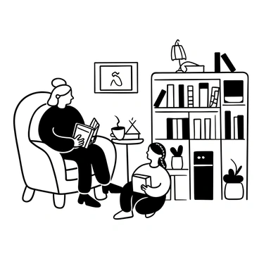 An older woman with graying hair sitting in a plush armchair, holding an open book in her lap. A younger girl with braided hair is seated cross-legged on the floor in front of her, looking attentive. Shelves filled with books line the walls of the cozy study. A small table beside them holds a steaming cup of tea and a few colorful notebooks. A warm lamp illuminates the space, casting soft shadows around the room. The atmosphere feels inviting and focused on the exchange of knowledge.
