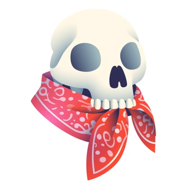 A detailed dog skull is centered in the composition, displaying its intricate bone structure. It is adorned with a vibrant red bandana that is tied around the neck area, creating a striking contrast against the pale color of the skull. The bandana features a classic paisley pattern, enhancing its visual appeal. The background is subtle, allowing the focus to remain solely on the dog skull and the bold red bandana.