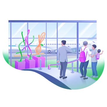 An art installation inside a jet bridge, with passengers stopping to admire it