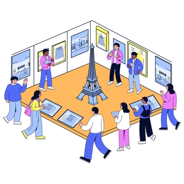 A group of visitors walking through a cultural exhibition. The exhibition features various displays showcasing "Parisian history" and "art". There are large, framed paintings on the walls depicting scenes of Paris. The floor is designed with a polished wooden surface, and there are interactive kiosks providing information about the exhibits. Some visitors are engaged in reading placards, while others are admiring a sculpture of the Eiffel Tower displayed in the center of the room. The lighting is soft and highlights the art pieces.
