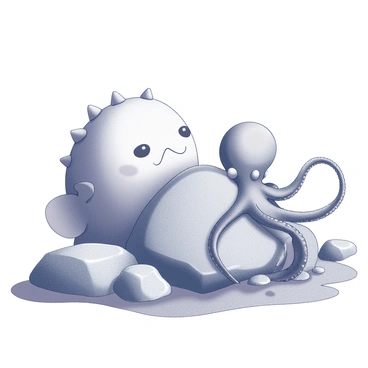 A puffer fish with its distinct rounded body and spines is hiding behind a large, textured rock. Its eyes are peering out, showcasing a playful expression. Nearby, an octopus with long, flowing tentacles is partially camouflaged against the rocky seafloor. One of its tentacles reaches playfully over a nearby rock, as if it is searching for the puffer fish. The scene illustrates a dynamic interaction between the two marine creatures, surrounded by a variety of other underwater rocks and structures.