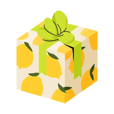 A beautifully wrapped gift with bright yellow lemon-themed wrapping paper covered in patterns of lemons and green leaves. The gift has a large, glossy green bow on top, adding a vibrant contrast. The edges of the wrapping paper are neatly folded and tucked to give it a polished look. In the background, a soft, neutral surface complements the cheerful gift.