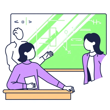 A student with medium-length hair is sitting at a wooden desk, gazing out of a classroom window. The student is wearing a blue sweater and has a notebook open in front of them, although it remains blank. In the background, a chalkboard filled with diagrams and notes is visible. The teacher, standing to the side, is looking towards the student while gesturing with their hand, emphasizing points from the lecture. Sunlight streams through the window, illuminating the student's face, highlighting their expression of distraction.
