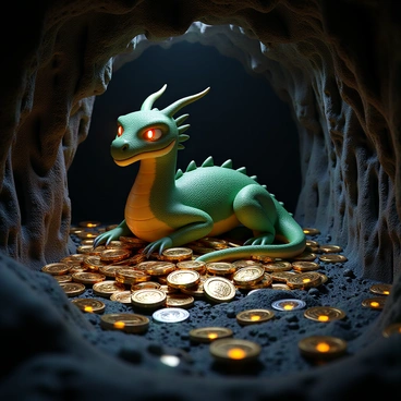 A large dragon with iridescent green scales, sharp claws, and a long tail is resting inside a dark cave. The dragon has bright, fiery red eyes that glow in the dim light. Surrounding the dragon are heaps of shiny cryptocurrency coins, glimmering in various colors like gold, silver, and metallic blue. The cave walls are rugged and uneven, with stalactites hanging from the ceiling. Piles of coins are arranged haphazardly, reflecting light in a dazzling display throughout the space. The atmosphere conveys a sense of wealth and treasure, with the dragon carefully guarding its hoard.