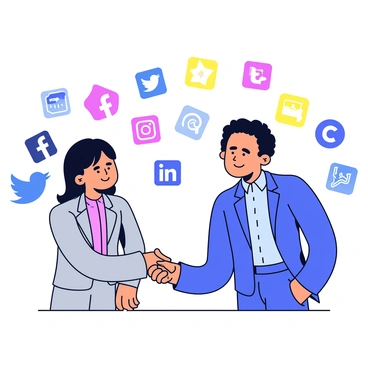 Two businesspeople, one wearing a gray suit and the other in a navy blue suit, are shaking hands firmly. Their expressions are confident and focused. Behind them is a large backdrop filled with colorful social media logos, including "Facebook," "Twitter," "Instagram," and "LinkedIn." The logos are arranged in a balanced pattern, creating a vibrant atmosphere that highlights the theme of digital connectivity.
