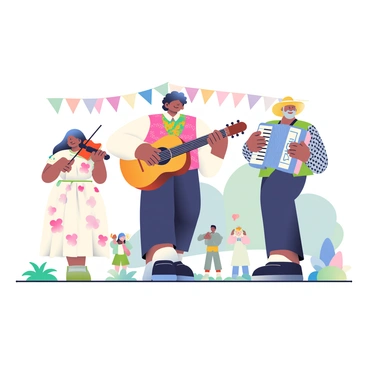 Several musicians are gathered at a cultural festival, each playing traditional folk instruments. In the center, a man with dark hair is strumming a wooden guitar, wearing a brightly patterned vest and dark trousers. To his left, a woman with long black hair is playing a violin, dressed in a flowing white dress with floral designs. On the right, an older man with a gray beard is playing an accordion, wearing a straw hat and a checkered shirt. Colorful banners and decorations are visible in the background, adding to the festive atmosphere. The ground is covered with grass, and small groups of festival-goers are enjoying the music nearby.