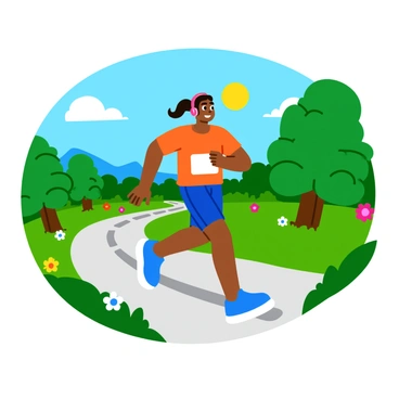A marathon runner wearing bright athletic gear and headphones is jogging along a scenic path. The sun shines brightly in a clear blue sky, casting warm light on the runner. The runner exhibits a focused expression, and their hair flows back with the motion of running. Surrounding the path are vibrant green trees and colorful flowers, creating a lively atmosphere. In the background, a few spectators cheer from the sidelines, adding to the energetic ambiance of the scene.